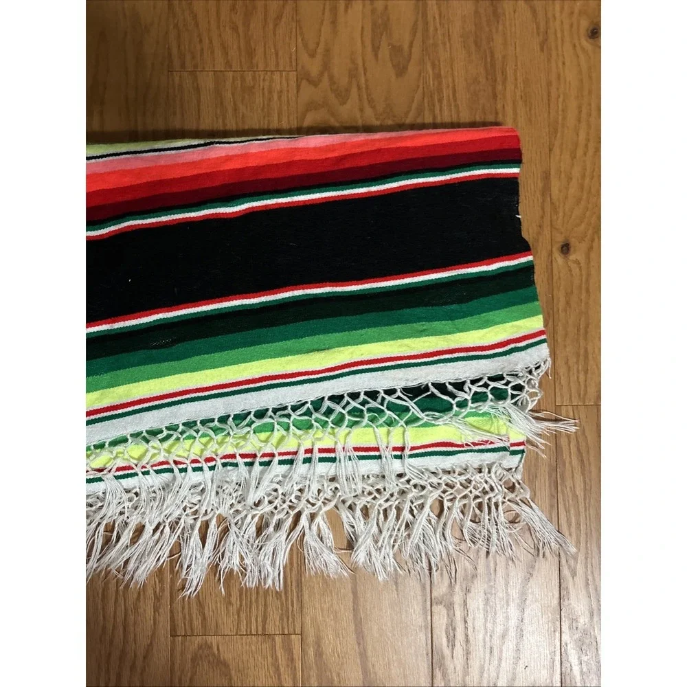 Traditional Colorful Striped Fringed Woven  Mexican Blanket 7' X 3'